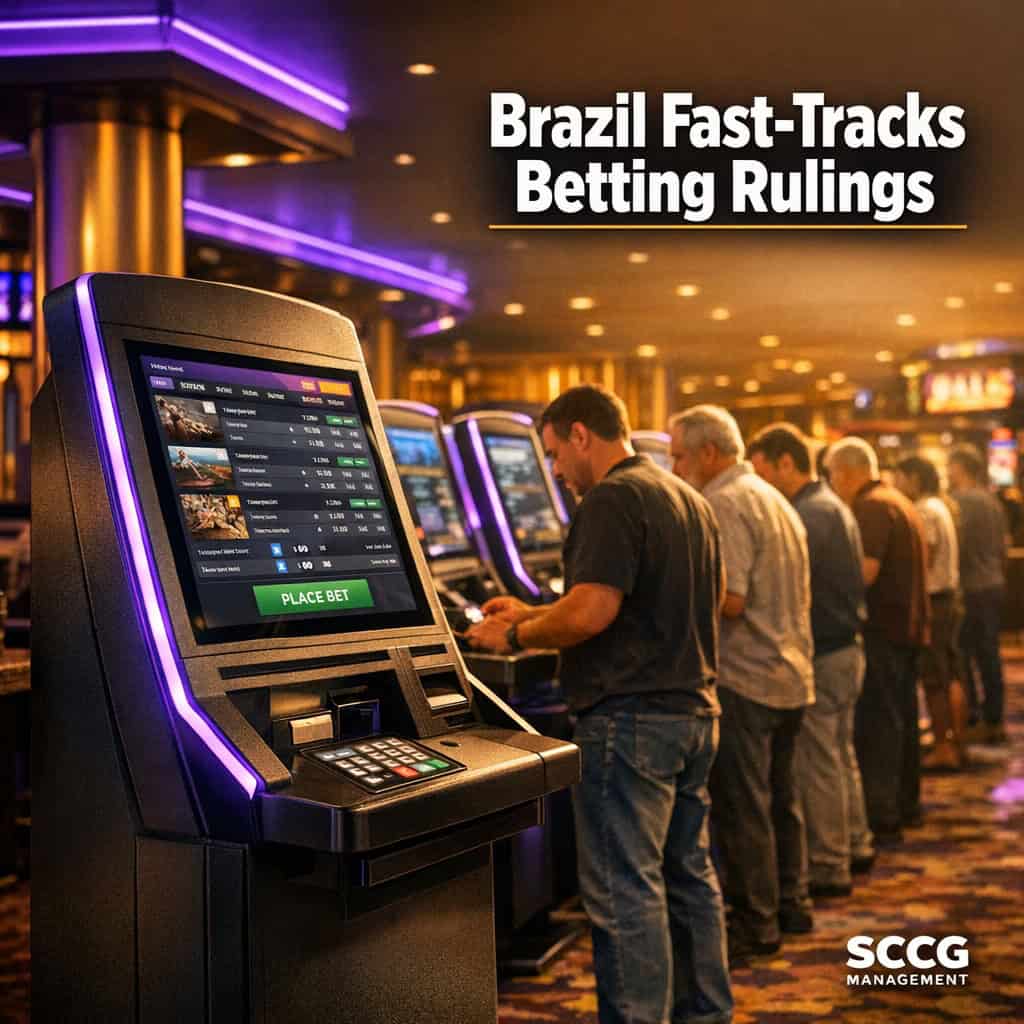 Busy regulated casino floor with patrons queuing at illuminated self-service betting kiosks under bright directional light.