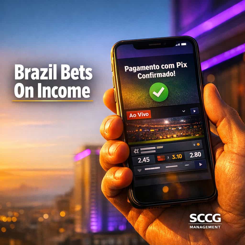Hand holding smartphone with Brazilian sports betting app showing live odds and Pix payment screen in dramatic golden light.