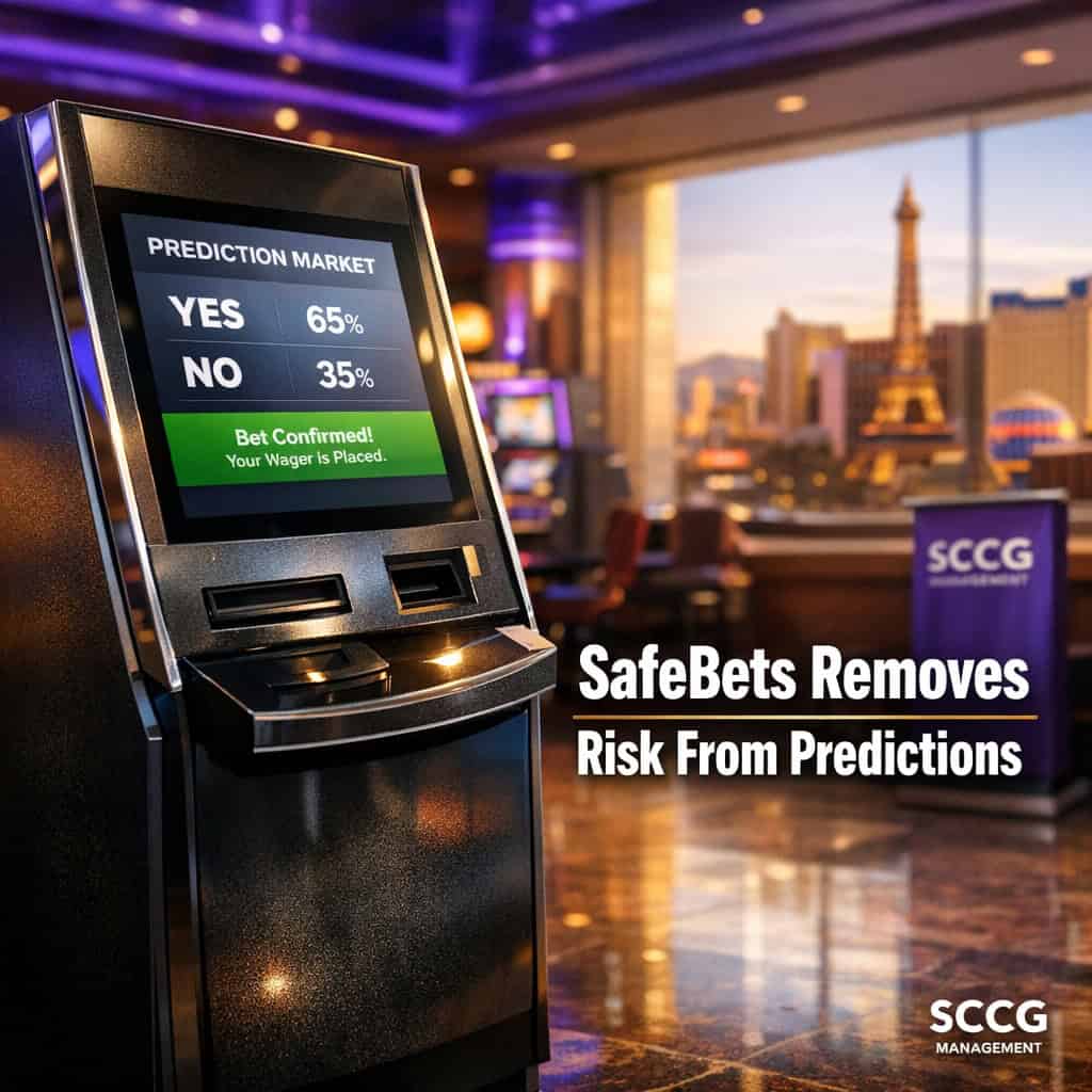 Self-service betting terminal on a casino concourse displays a prediction market confirmation screen under bright daylight.