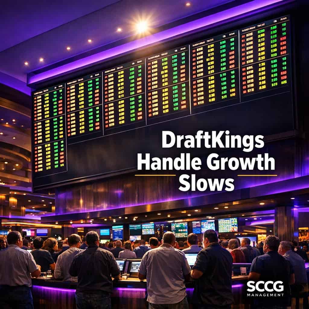 Large glowing sportsbook odds board above a busy vibrant casino floor packed with bettors placing wagers.