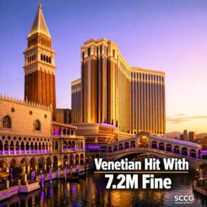The Venetian Las Vegas casino stands under bright golden-hour sunlight on the Strip, conveying the weight of its $7.2 million fine for illegal bookmaking.