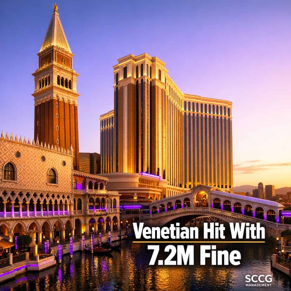 The Venetian faces $7.2M fine in illegal bookmaking case - AffPapa 1 The Venetian Las Vegas casino stands under bright golden-hour sunlight on the Strip, conveying the weight of its $7.2 million fine for illegal bookmaking.