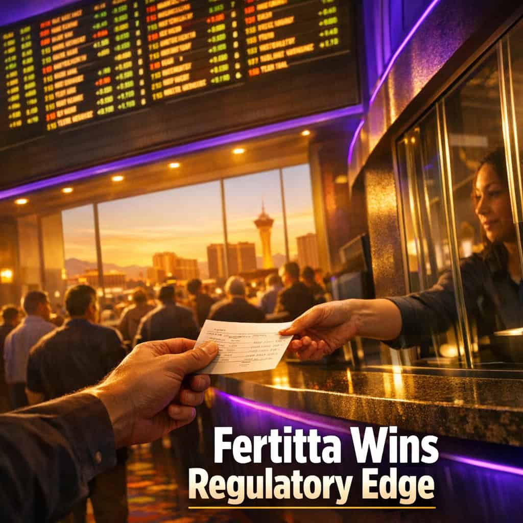 Busy Nevada casino sportsbook with glowing odds board over active betting counter during bright golden hour light.