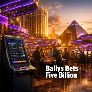 Bustling New York City casino floor with self-service betting kiosk in foreground and towering resort architecture rising in the background.