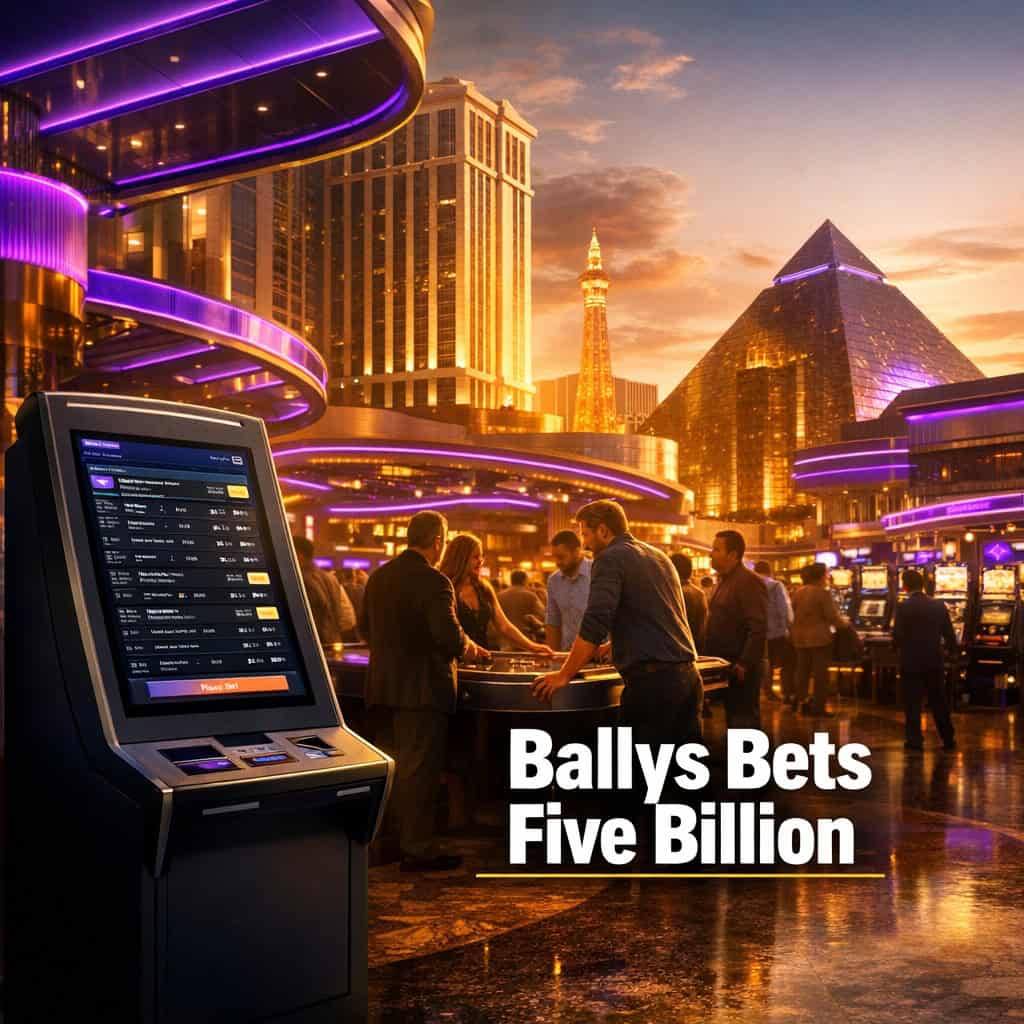 Bustling New York City casino floor with self-service betting kiosk in foreground and towering resort architecture rising in the background.