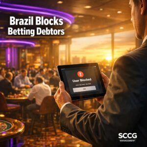 Compliance officer on a vibrant Brazilian casino floor reviews a tablet screen showing a betting access block for Fies debtors.