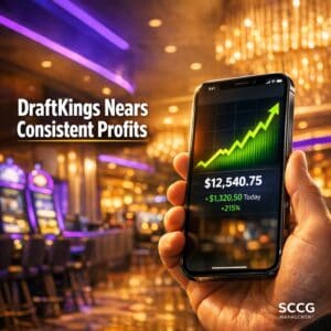 Smartphone displaying DraftKings betting app with upward trending earnings graph against a bright casino interior.
