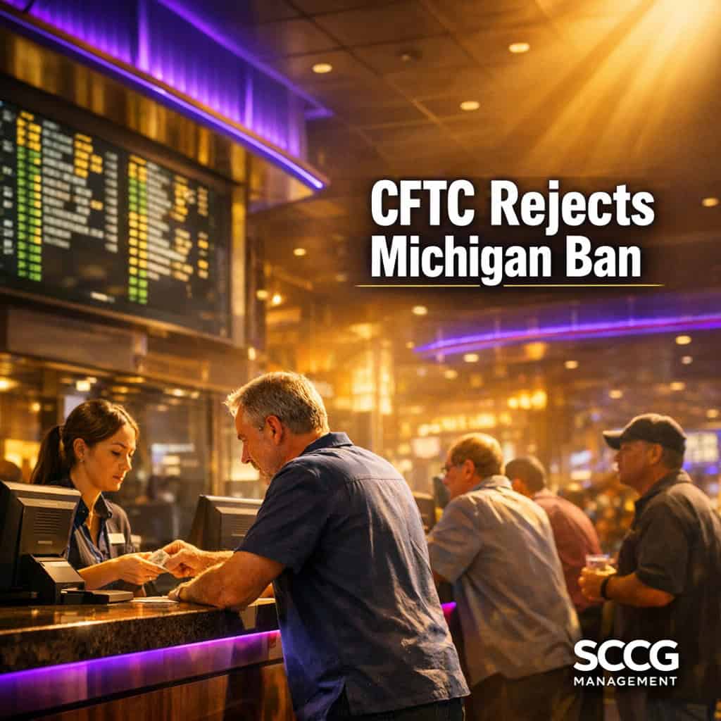 Busy sportsbook counter on a vibrant casino floor with patrons placing prediction market bets under bright directional light.