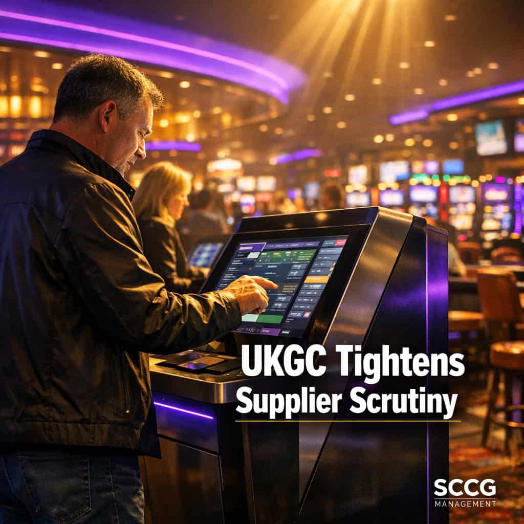 Busy casino concourse featuring a modern betting kiosk with UK players actively placing wagers on the touchscreen.