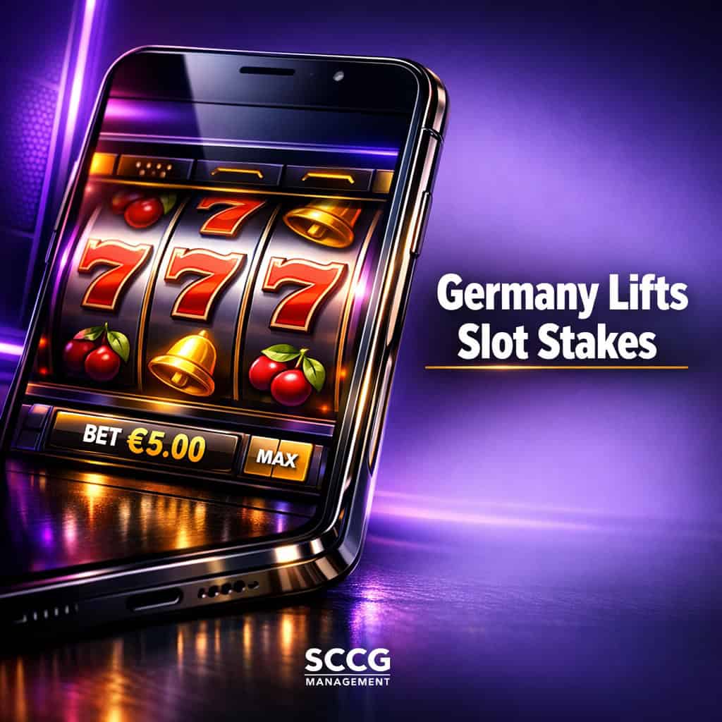 Smartphone displaying an online slot machine interface with the bet raised to five euros per spin.