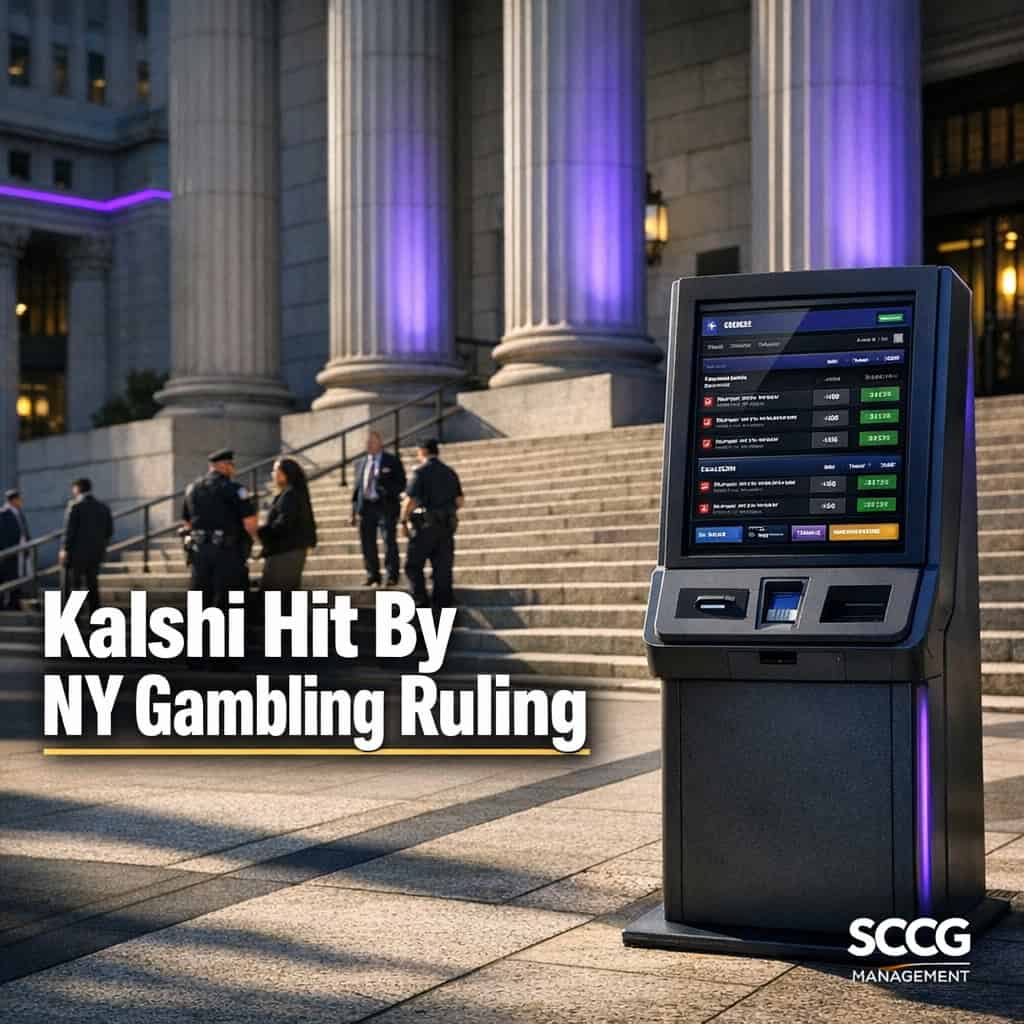 New York courthouse exterior in bright daylight with a self-service betting kiosk active on the concourse in foreground.