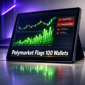 Tablet screen showing a prediction market dashboard with surging volume bars and flagged transaction alerts.
