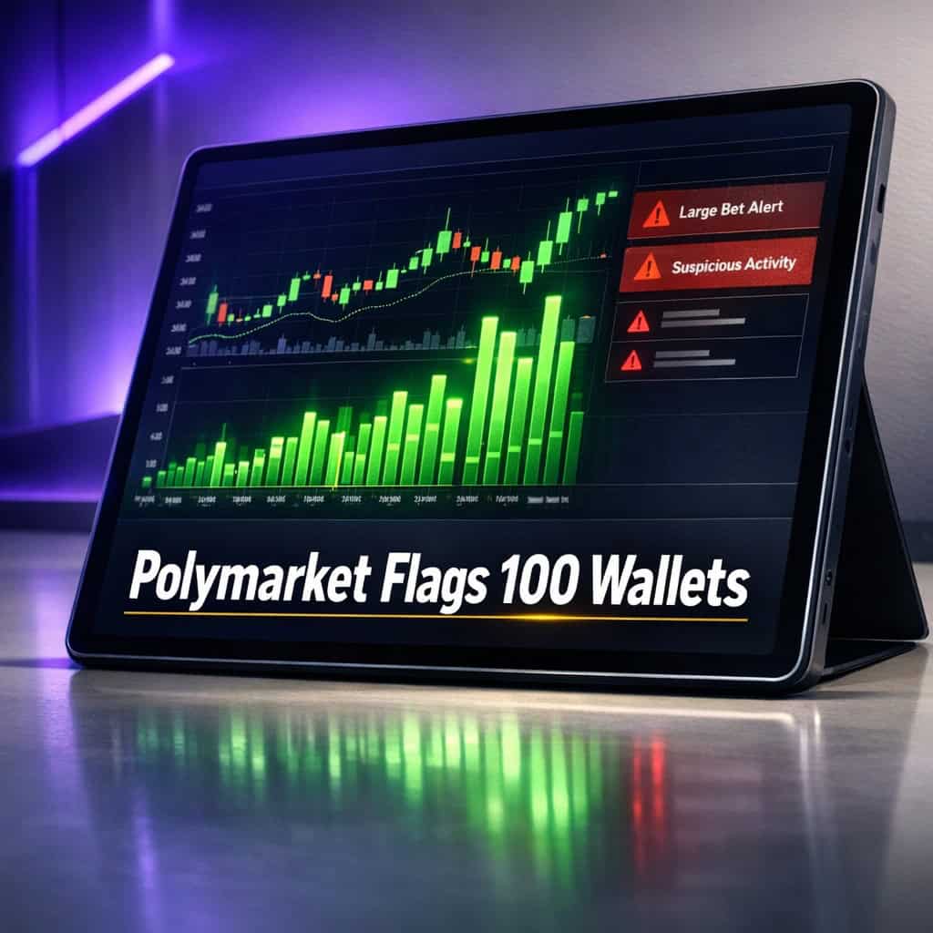 Tablet screen showing a prediction market dashboard with surging volume bars and flagged transaction alerts.