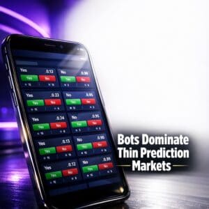 Smartphone close-up displaying a prediction market app with numerous low-volume contracts and thin order books dominating the screen.