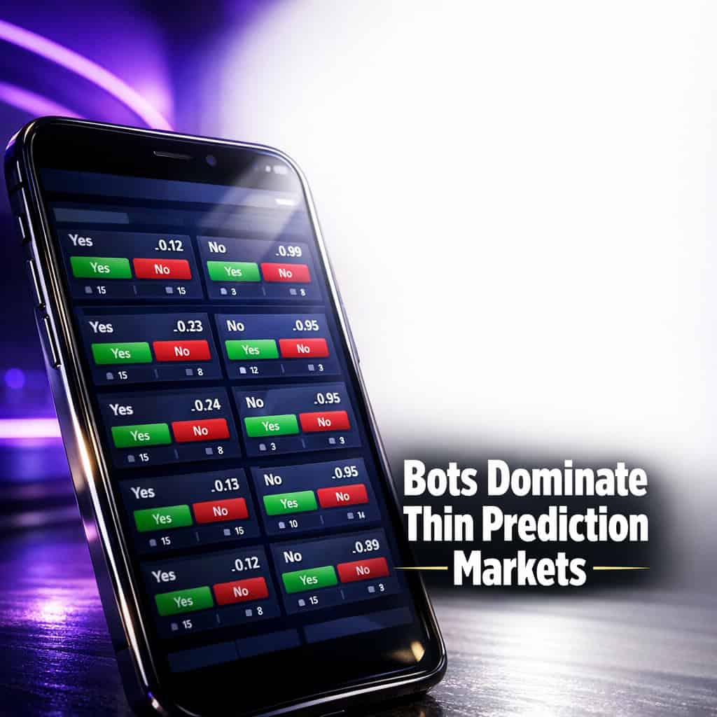Smartphone close-up displaying a prediction market app with numerous low-volume contracts and thin order books dominating the screen.