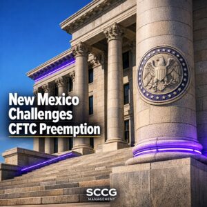 New Mexico statehouse exterior in commanding daylight highlights the legal challenge to CFTC preemption on sports event contracts.