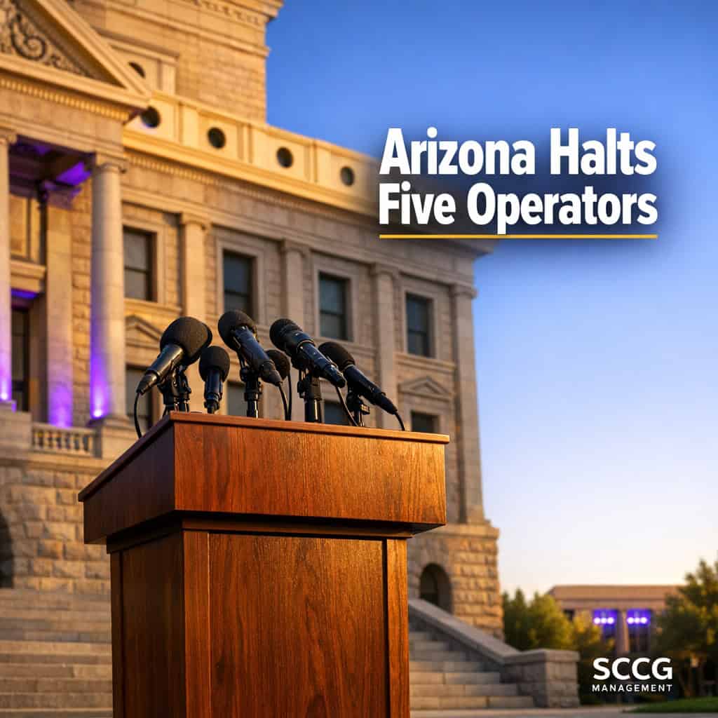 Arizona State Capitol steps with a regulator's podium under bright sunlight, signaling enforcement action against online operators.
