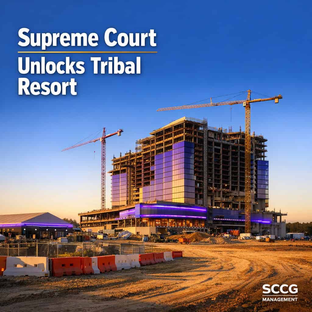 Massive Naskila Resort and Casino under construction on Alabama-Coushatta tribal land in bright Texas sunlight, showing the scale of the 685,000-square-foot development.