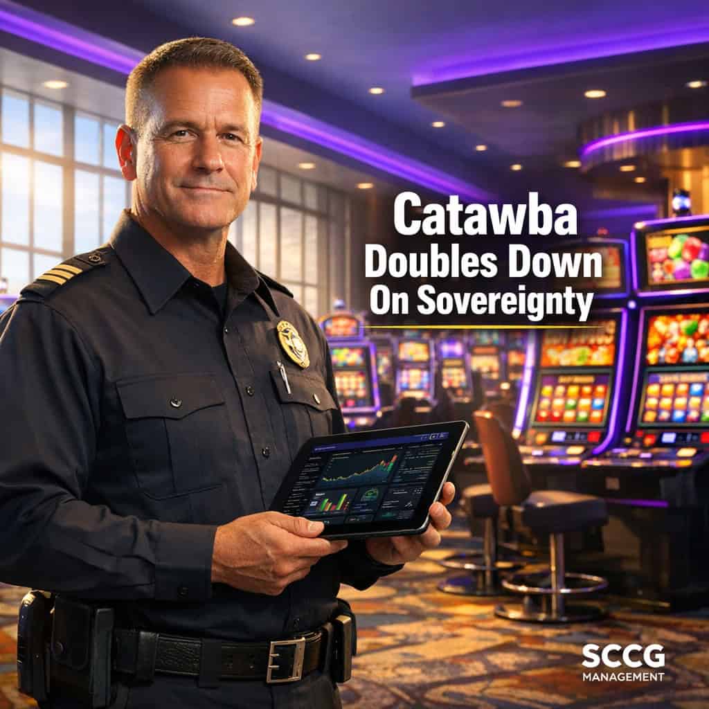 Compliance officer on a vibrant Catawba Nation casino slot floor reviewing live metrics on a tablet, asserting tribal sovereignty through expanded North Carolina gaming operations.