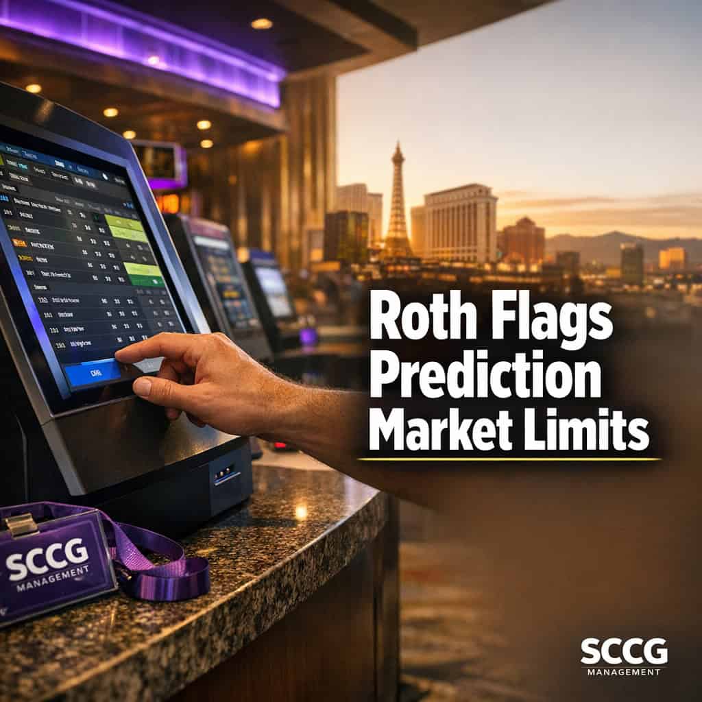 A hand places a live sports bet at a self-service terminal on a bright casino concourse.