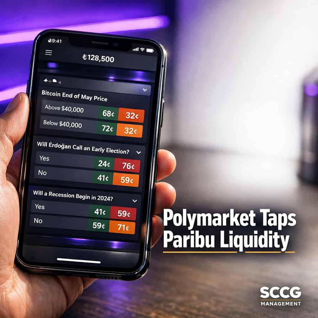 Smartphone screen showing Polymarket prediction contracts live inside the Paribu crypto exchange app with active Turkish market odds.