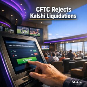 Self-service betting terminal on a vibrant casino sportsbook floor showing a live prediction market transaction in progress.