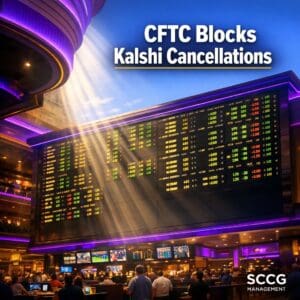 Large glowing sportsbook odds board displaying live prediction market lines on a bright busy casino floor.
