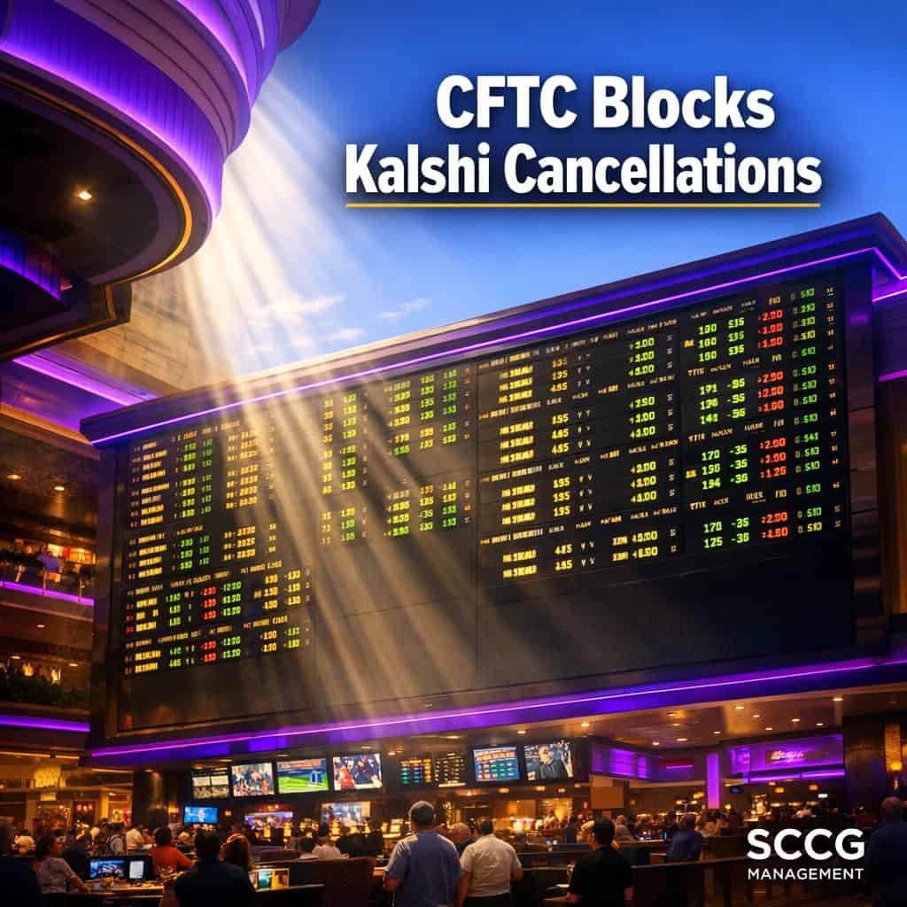 Large glowing sportsbook odds board displaying live prediction market lines on a bright busy casino floor.