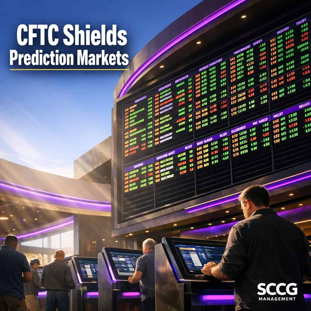 Large glowing sportsbook odds board over a busy casino floor with active betting kiosks as the CFTC shields prediction markets from a 26-state lawsuit.
