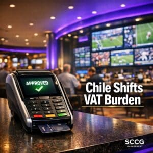 Modern card-payment terminal on a busy casino sportsbook counter displaying an approved transaction under bright directional light.