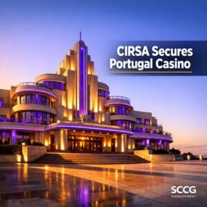 Historic Casino Figueira da Foz bathed in golden sunlight on the Portuguese coast, marking CIRSA's majority stake acquisition.