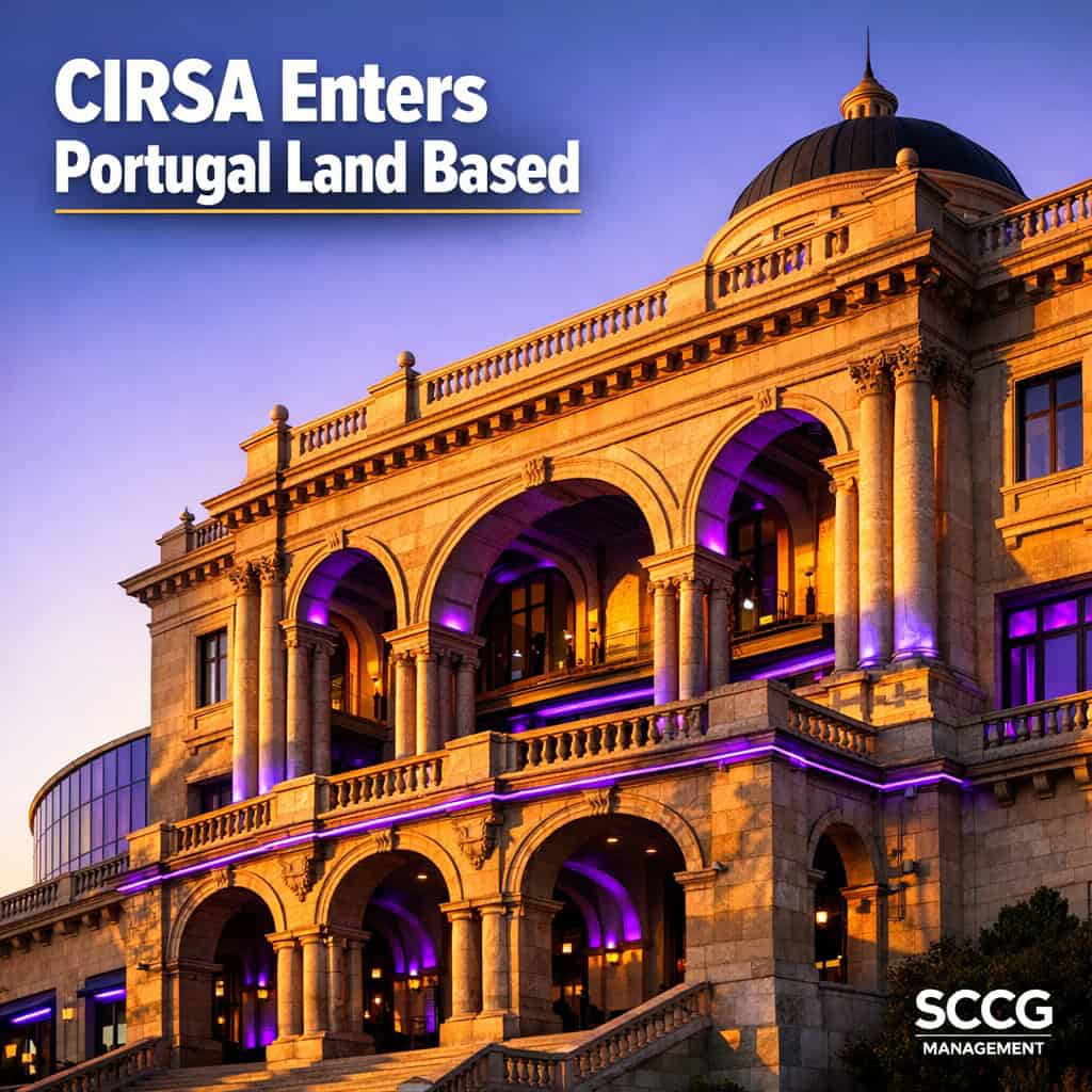 Grand historic facade of Casino Figueira bathed in golden hour light, marking CIRSA's entry into Portuguese land-based gaming.