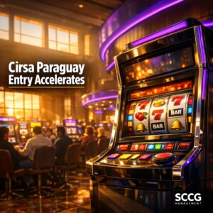 Busy Paraguayan casino slot floor with a vibrant modern slot machine in foreground glowing under bright directional light.