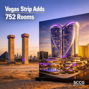 Architectural rendering of the new heart-shaped 29-story casino resort beside the two remaining SkyVue concrete columns on the south Las Vegas Strip site.