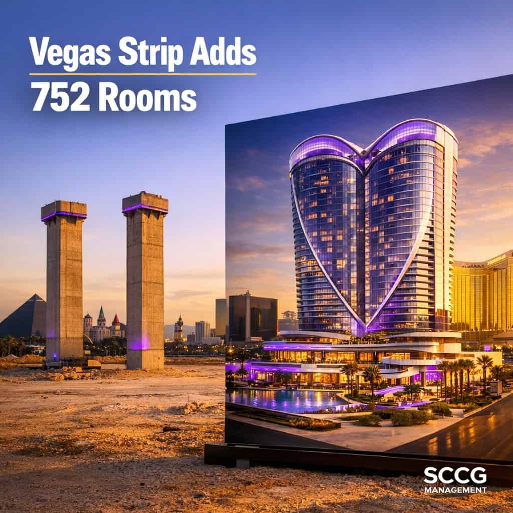 Architectural rendering of the new heart-shaped 29-story casino resort beside the two remaining SkyVue concrete columns on the south Las Vegas Strip site.