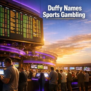 Large glowing sportsbook odds board above a busy casino floor with active betting terminals and patrons placing wagers under bright directional light.