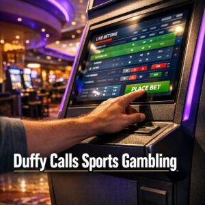 Hand placing a live bet at a self-service terminal on a bright casino floor with glowing prediction market screen.