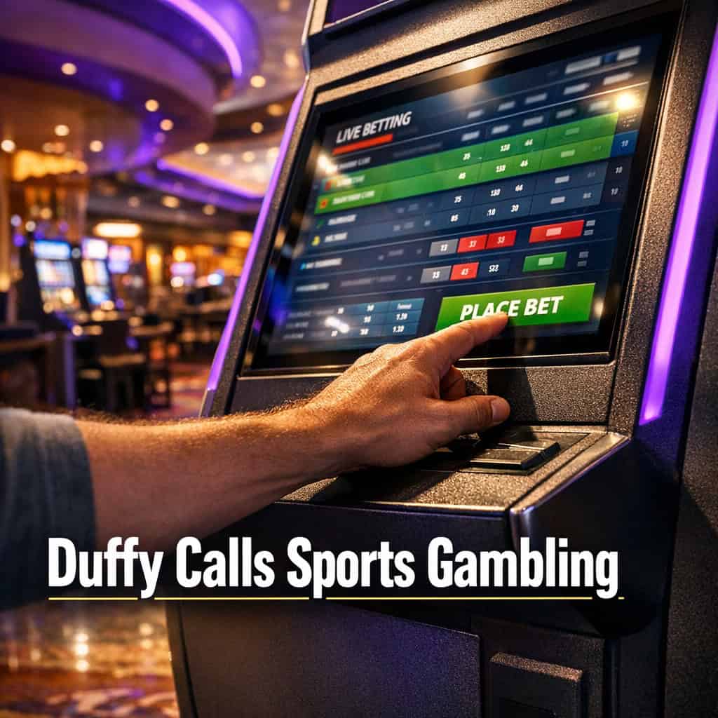Hand placing a live bet at a self-service terminal on a bright casino floor with glowing prediction market screen.