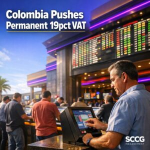 Busy Colombian sportsbook counter and glowing odds board on a vibrant casino floor with patrons placing bets.