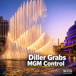 Bellagio fountains at MGM Resorts erupting powerfully under bright golden-hour light, capturing Barry Diller's acquisition push for control of the casino giant.