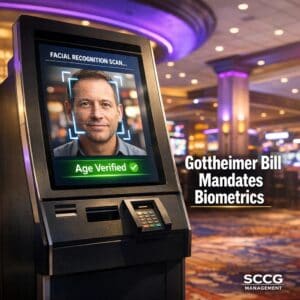 Self-service betting terminal displaying facial recognition age verification prompt and successful confirmation on a sunlit casino concourse.