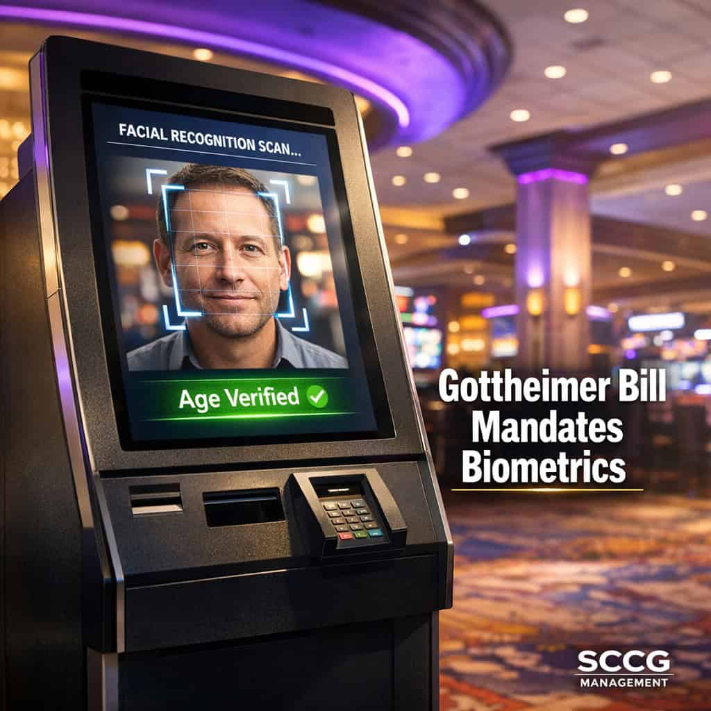 Self-service betting terminal displaying facial recognition age verification prompt and successful confirmation on a sunlit casino concourse.