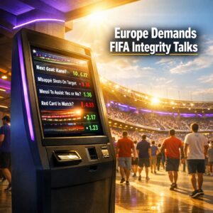 Self-service prediction market betting terminal inside a packed FIFA World Cup stadium concourse displaying live in-play contracts under bright stadium light.