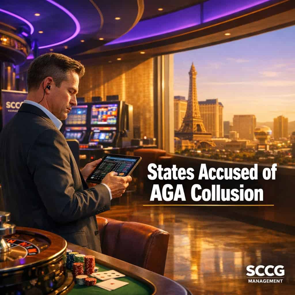 Compliance officer reviewing live betting activity on a tablet at a casino terminal under bright directional light.