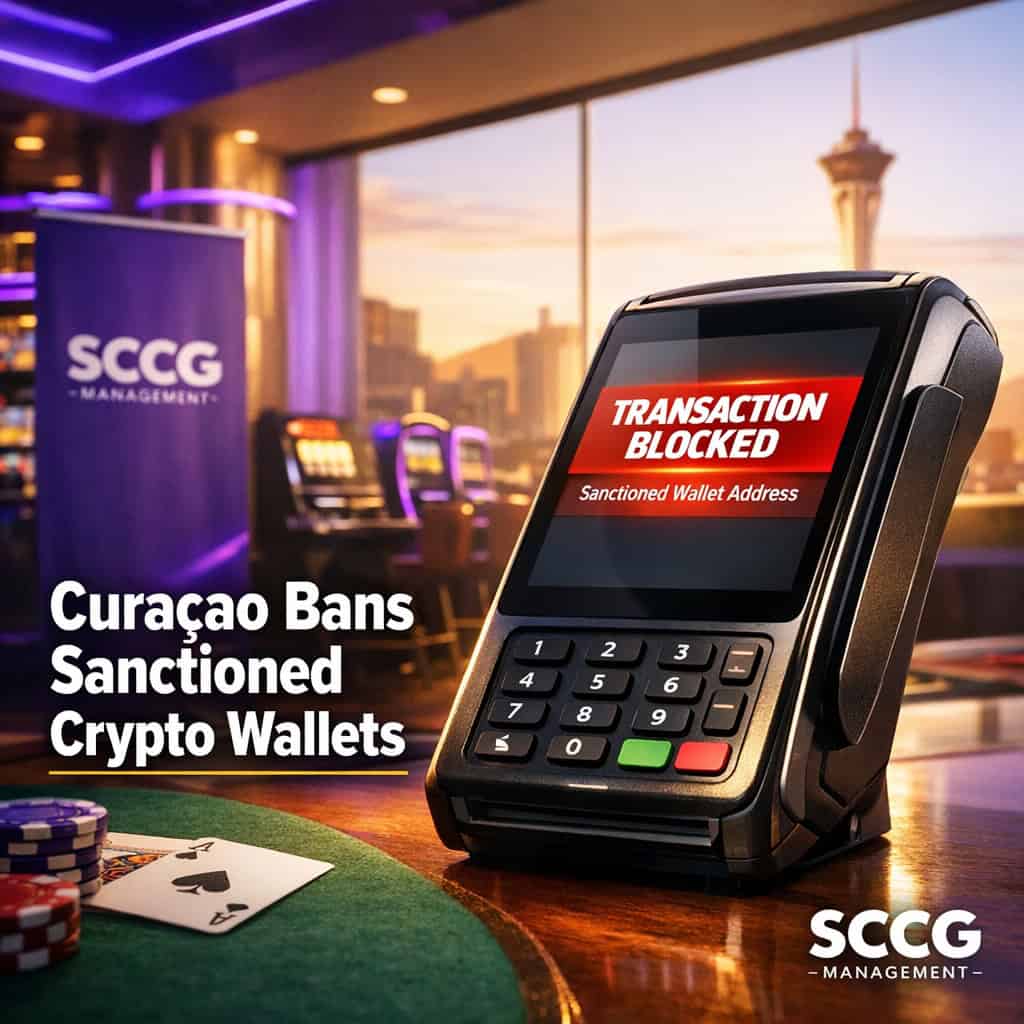 A casino crypto payment terminal screen shows a red transaction blocked warning for a sanctioned wallet address under bright daylight.