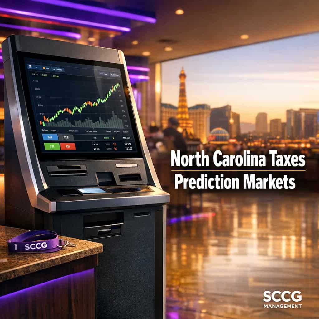Self-service betting terminal on a sunlit casino floor shows live prediction-market trades with an upward line.