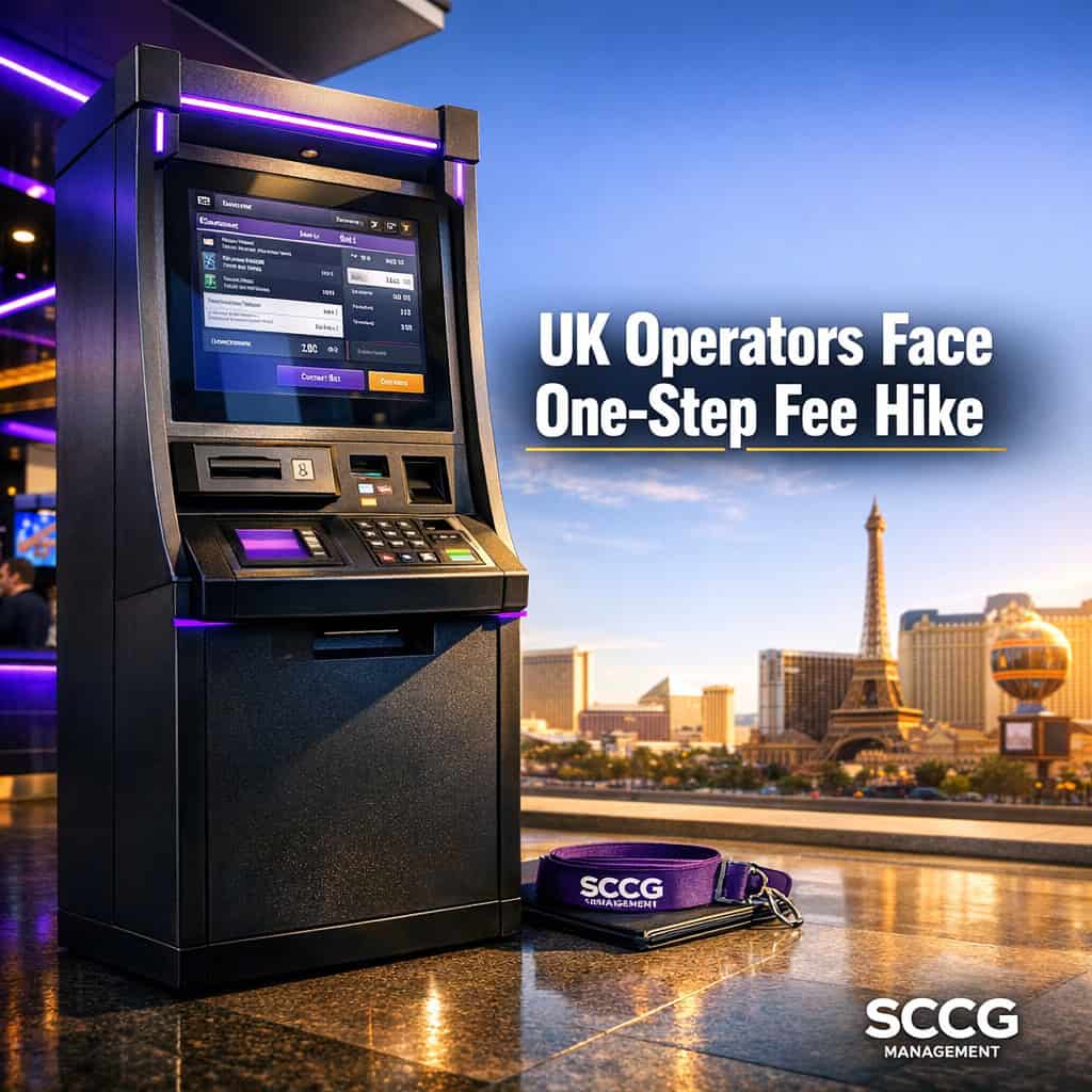 Brightly lit betting kiosk on a concourse displaying a live transaction interface under strong daylight.