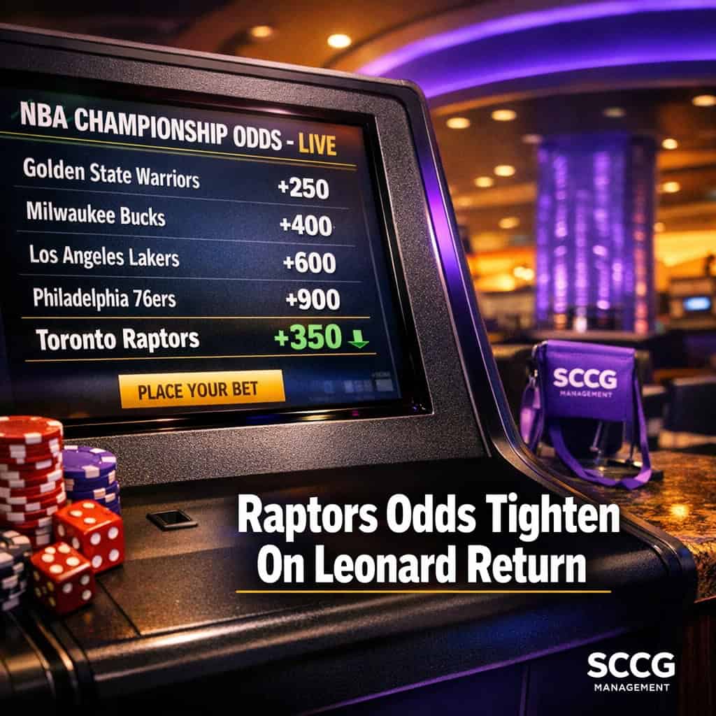 Self-service betting terminal displaying rapidly tightening Toronto Raptors NBA championship odds following Kawhi Leonard's return.