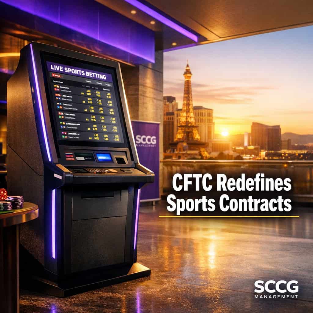 Self-service sports betting terminal on a concourse displays live event contract odds in bright daylight.
