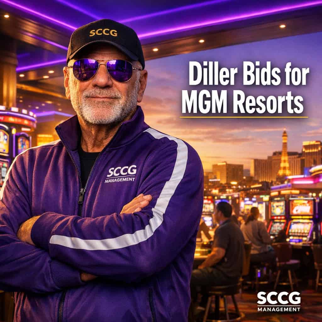 Barry Diller stands confidently on a vibrant Las Vegas casino floor as Diller bids for MGM Resorts, capturing the high-stakes inflection point in gaming M&A.